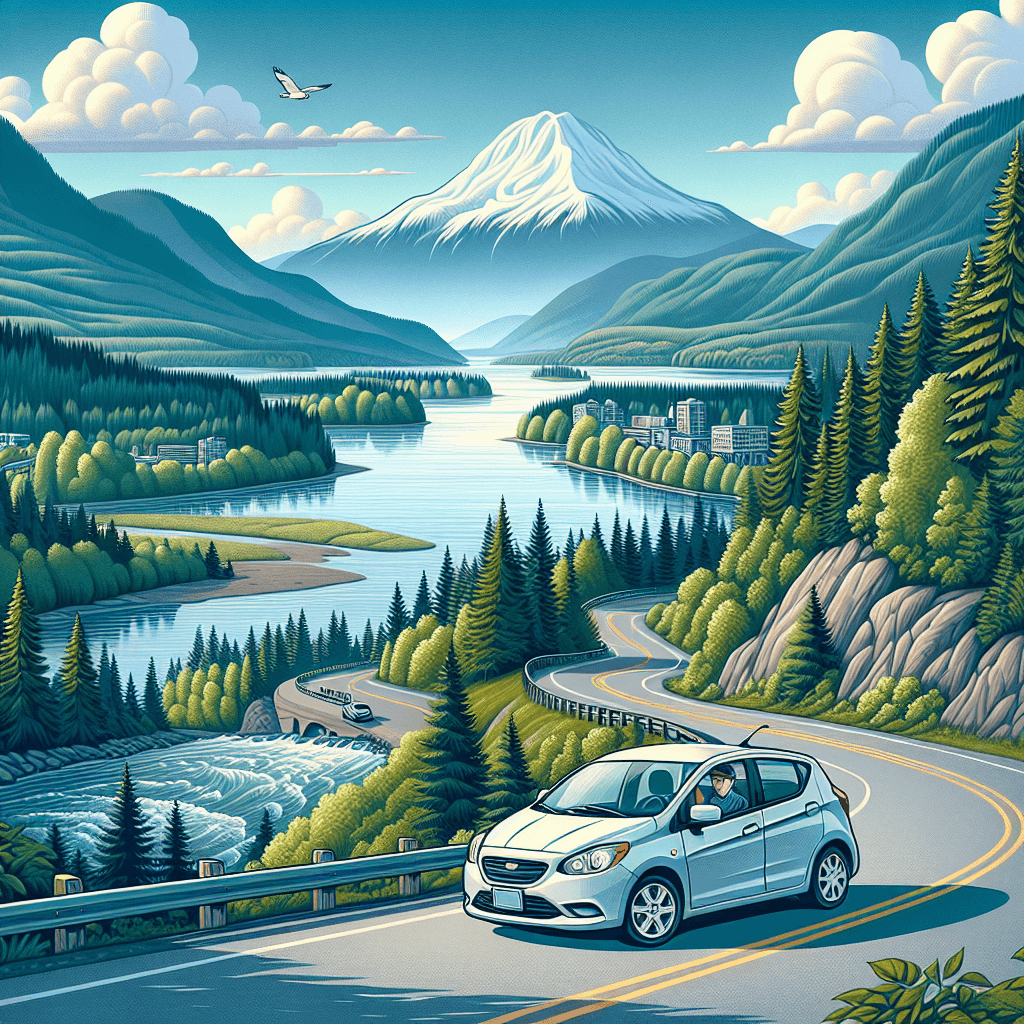 City car on scenic road with Fraser River and Mount Baker