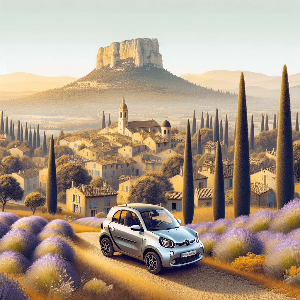 City car amidst cypress trees, lavender fields, and Provençal houses