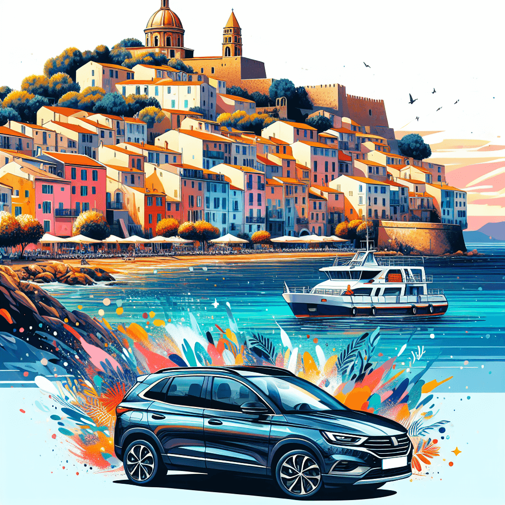 City car in Ajaccio landscape with citadel, houses, and sea