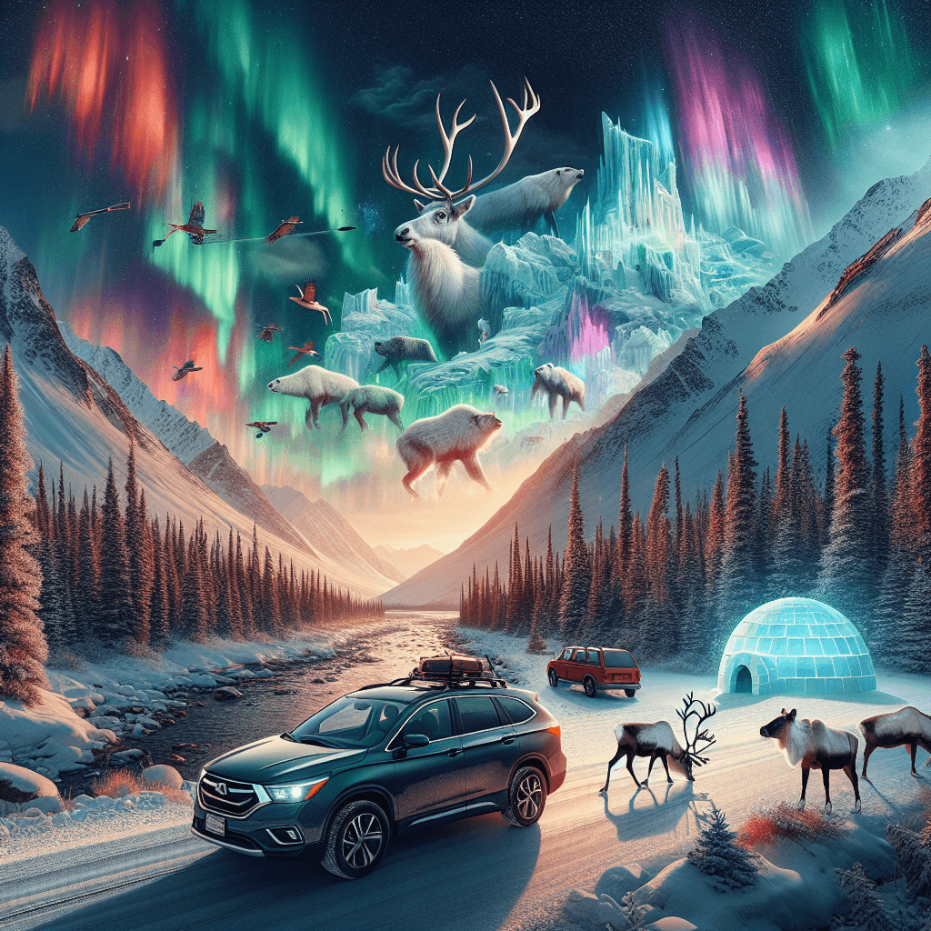City car surrounded by Alaskan landscape, caribou, igloo, and aurora