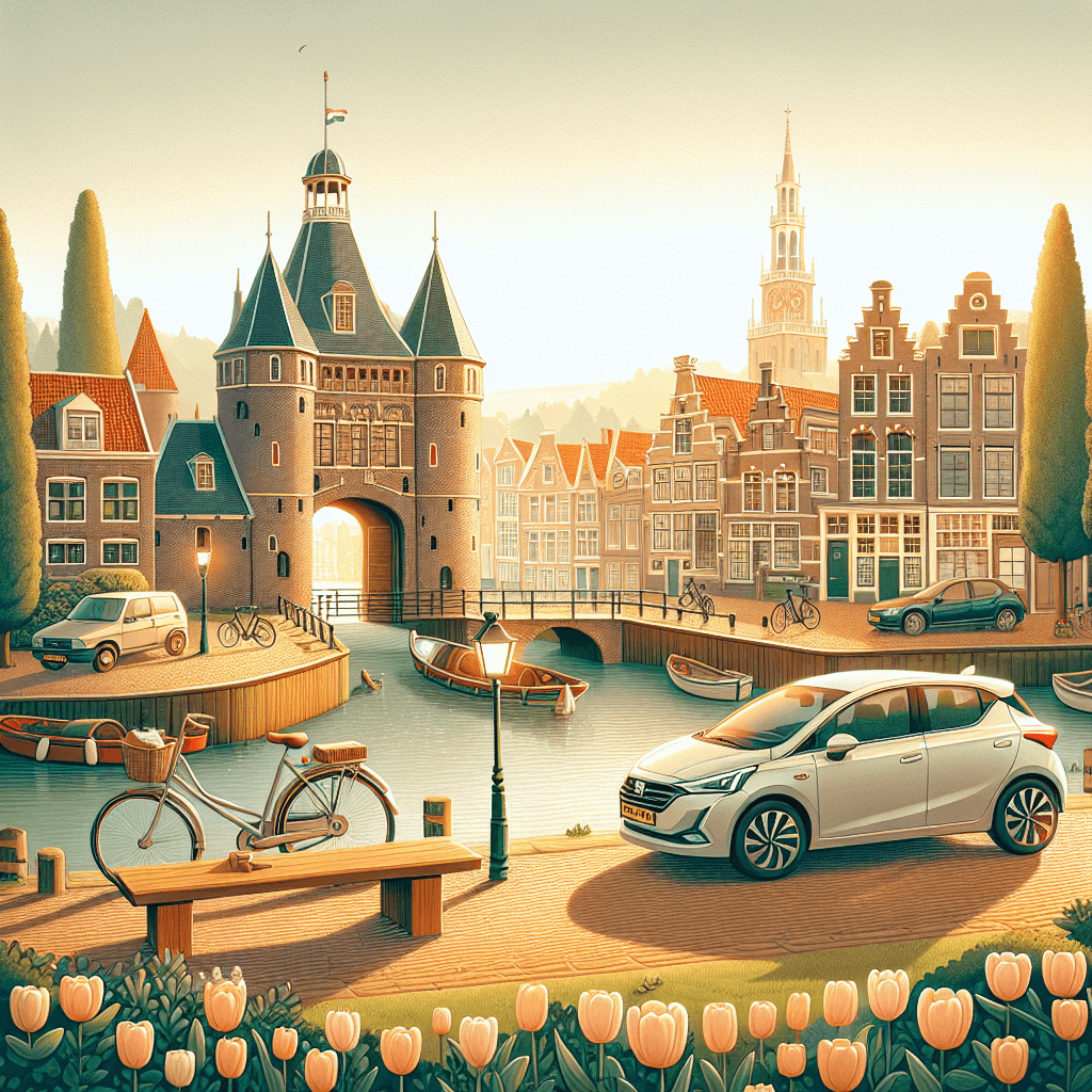 Car in Amersfoort with Koppelpoort, canals, and tulips