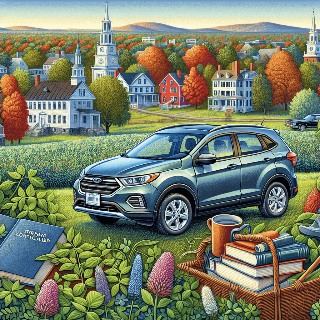 City car amidst Five College, rabbit clover fields, colonial houses