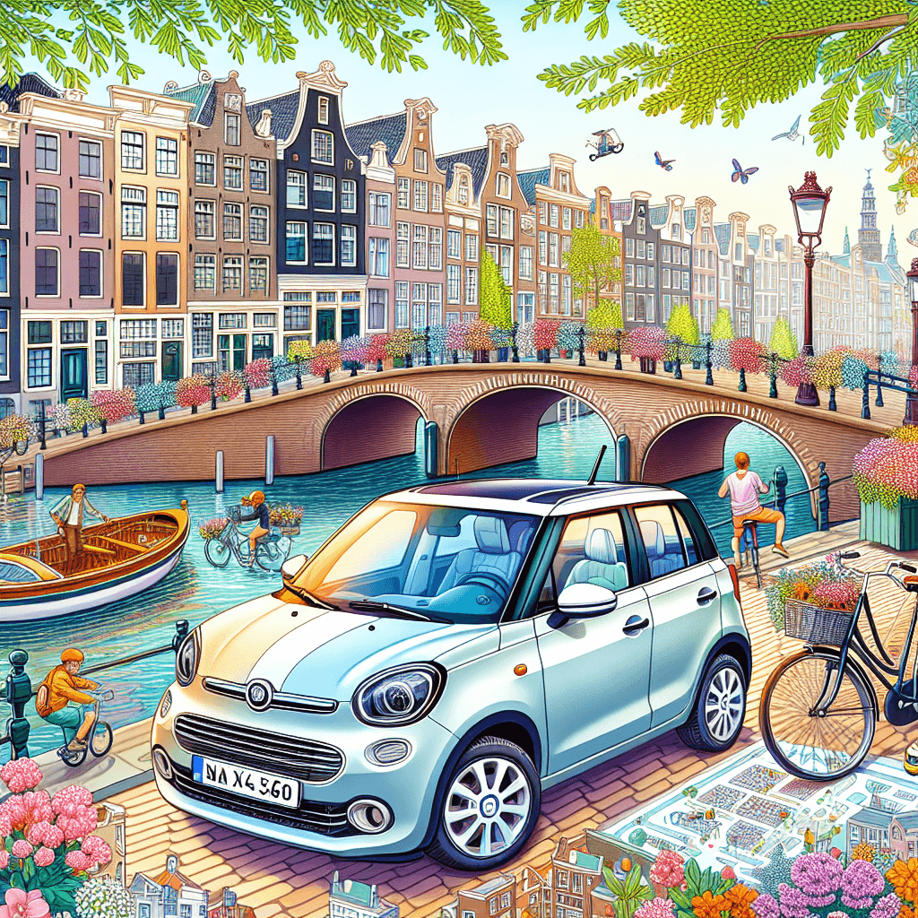 Bright city car amidst Amsterdam's canals and cyclists