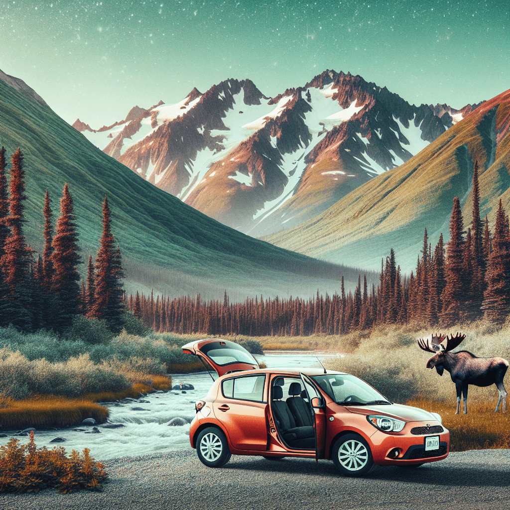 City car in Anchorage with mountains, trees, moose, salmon stream
