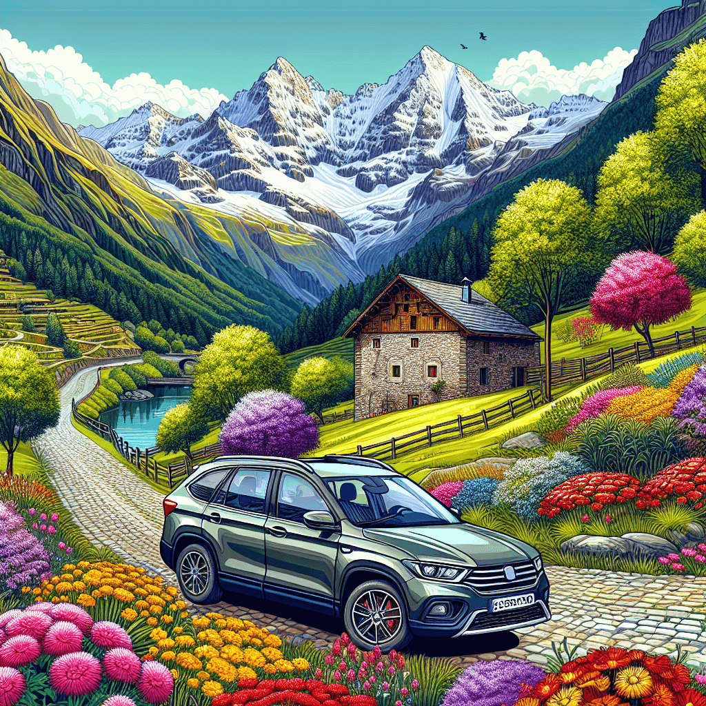 City car in Andorra's vibrant mountain landscape with wildflowers