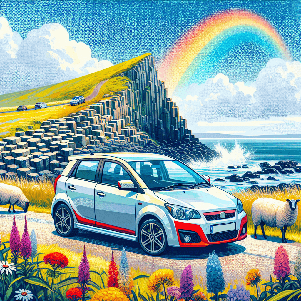 City car near Giant's Causeway with grazing sheep, wildflowers, rainbow and waves