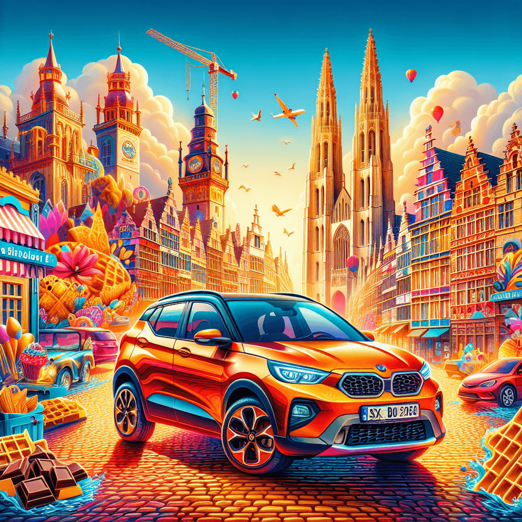 City car amidst Antwerp landmarks, cobblestone streets, waffles chocolate