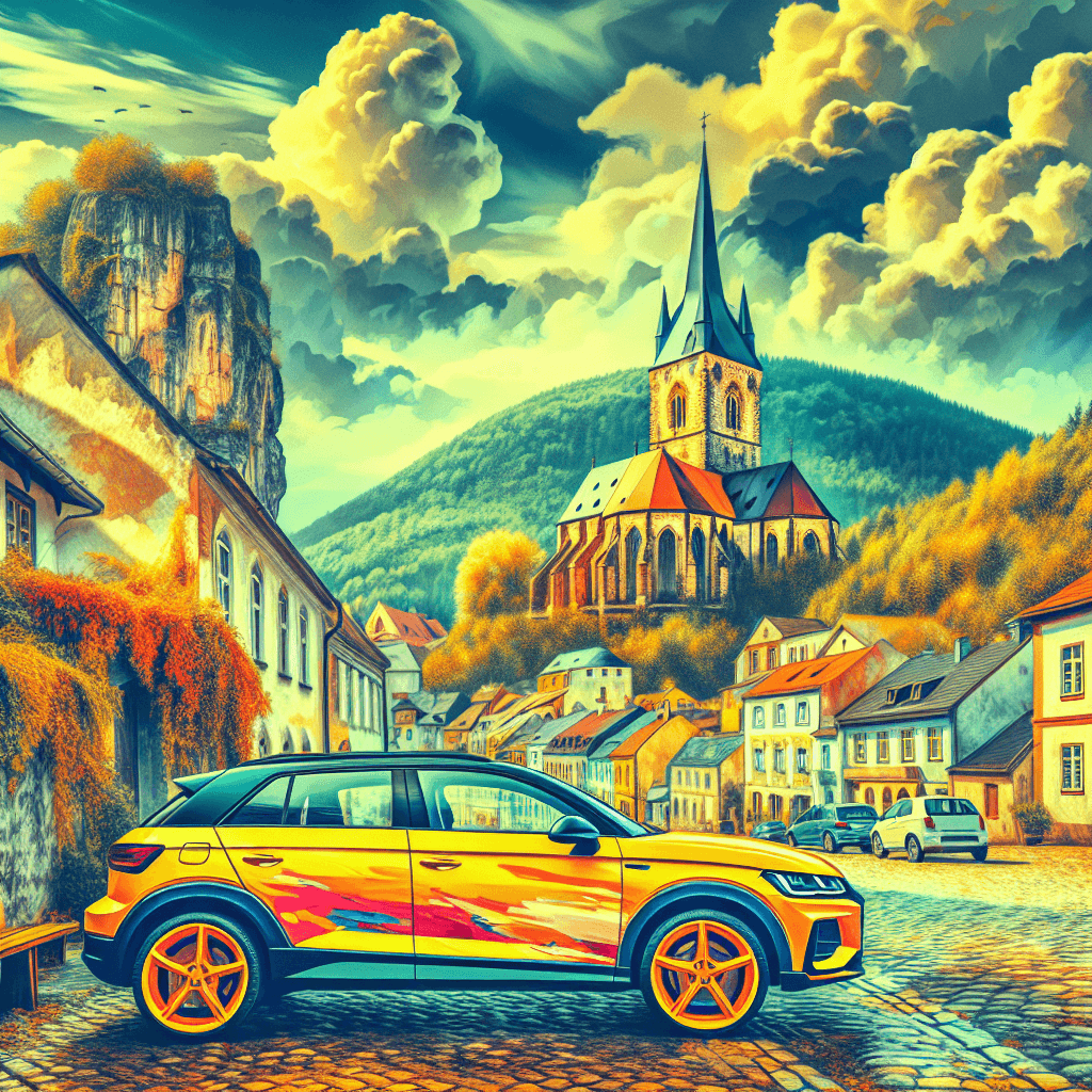 City car parked in Arlon's historic setting under whimsical clouds