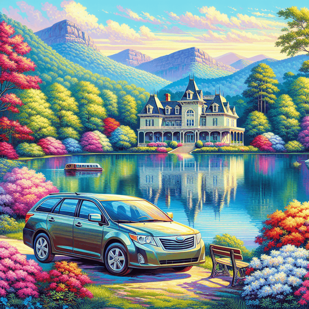 Car, Blue Ridge Mountains, lake, azaleas, Biltmore mansion