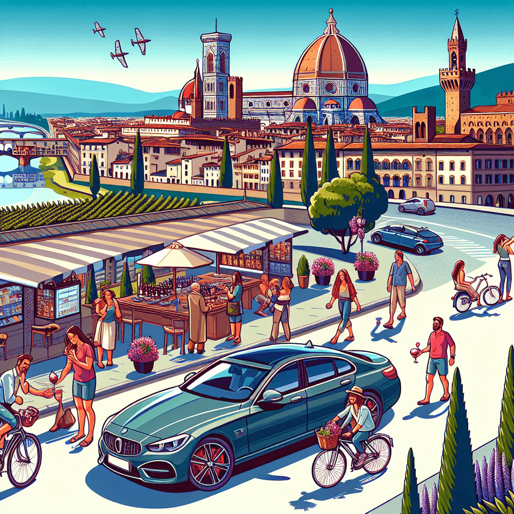 Coche urbano, turistas, gelato, bicicletas, paisaje florentino