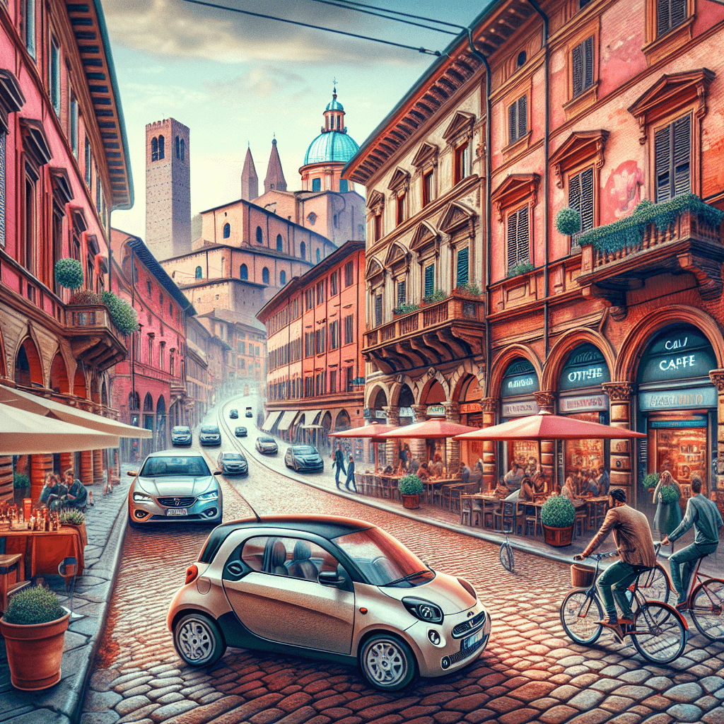 Coche de ciudad, calles empedradas, edificios históricos, cafetería italiana