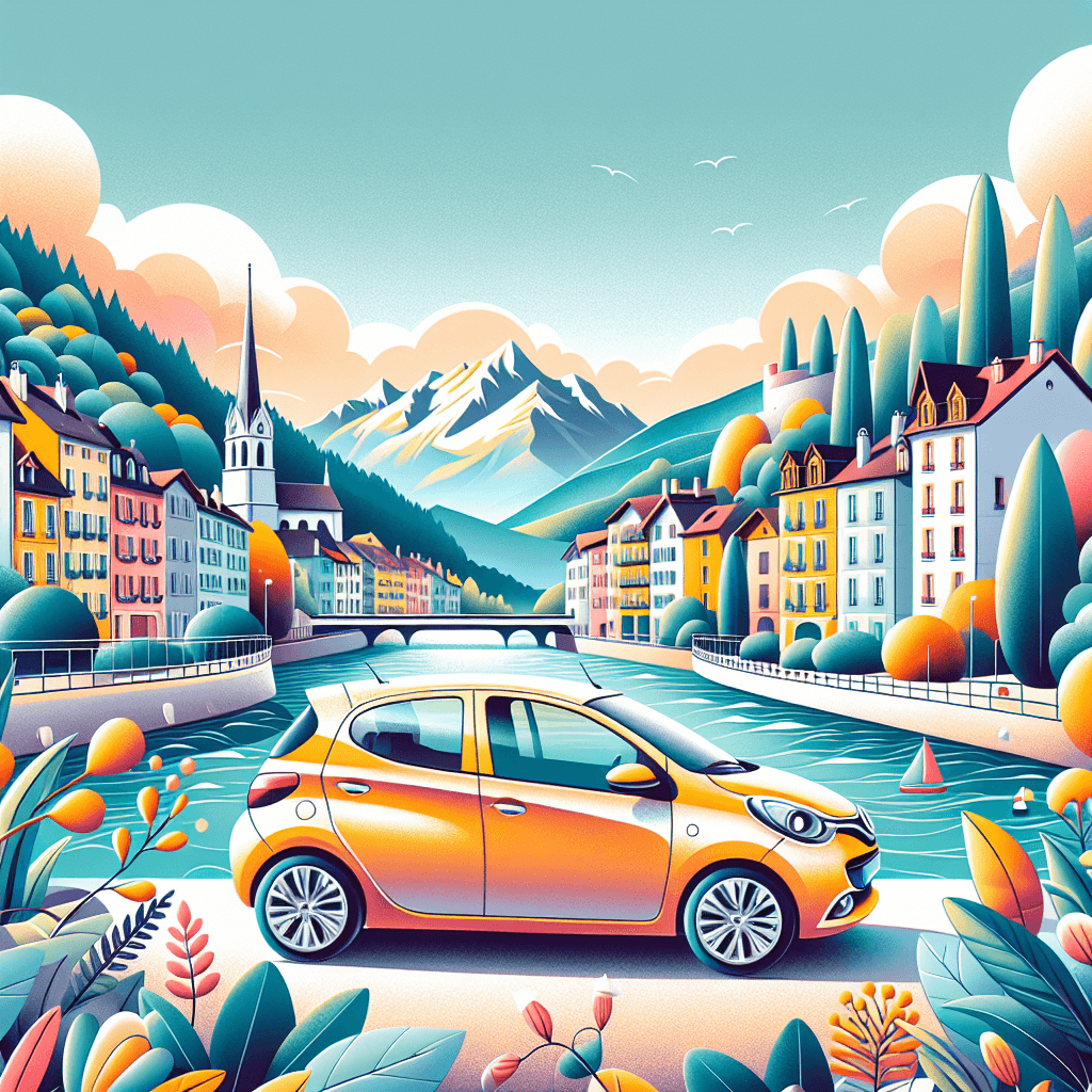 Coche de alquiler en Grenoble, Alpes, casas coloridas, río Isère