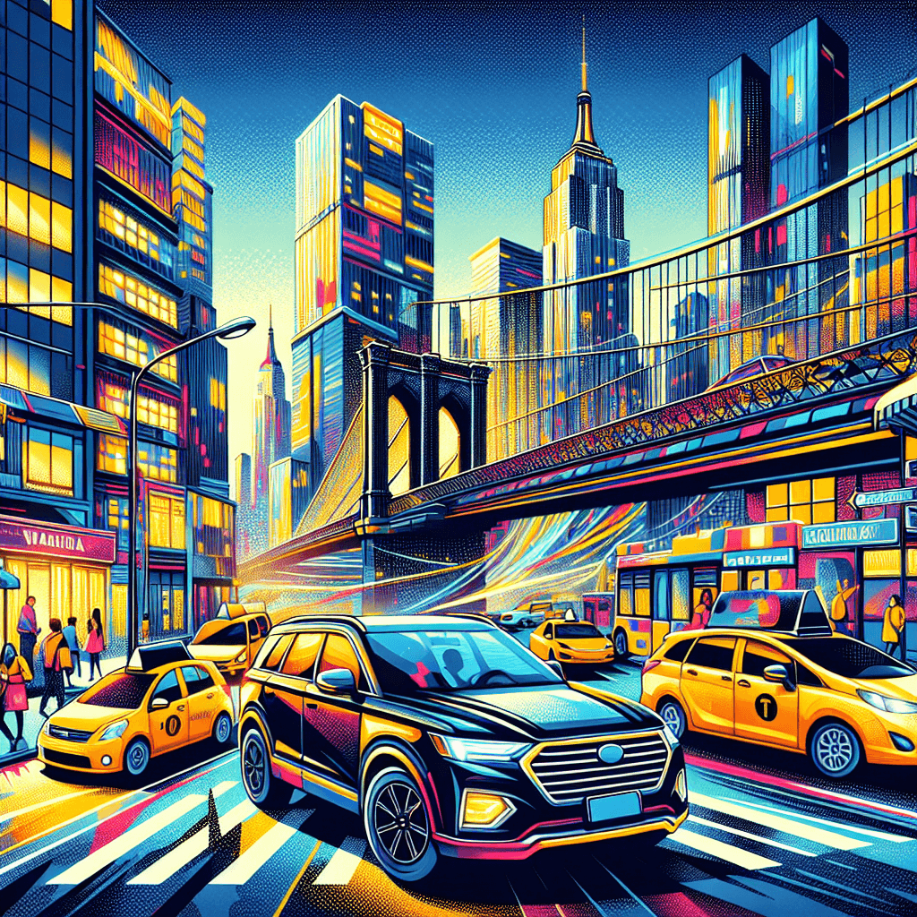 Coche urbano, rascacielos luminosos, personas y taxis en Manhattan