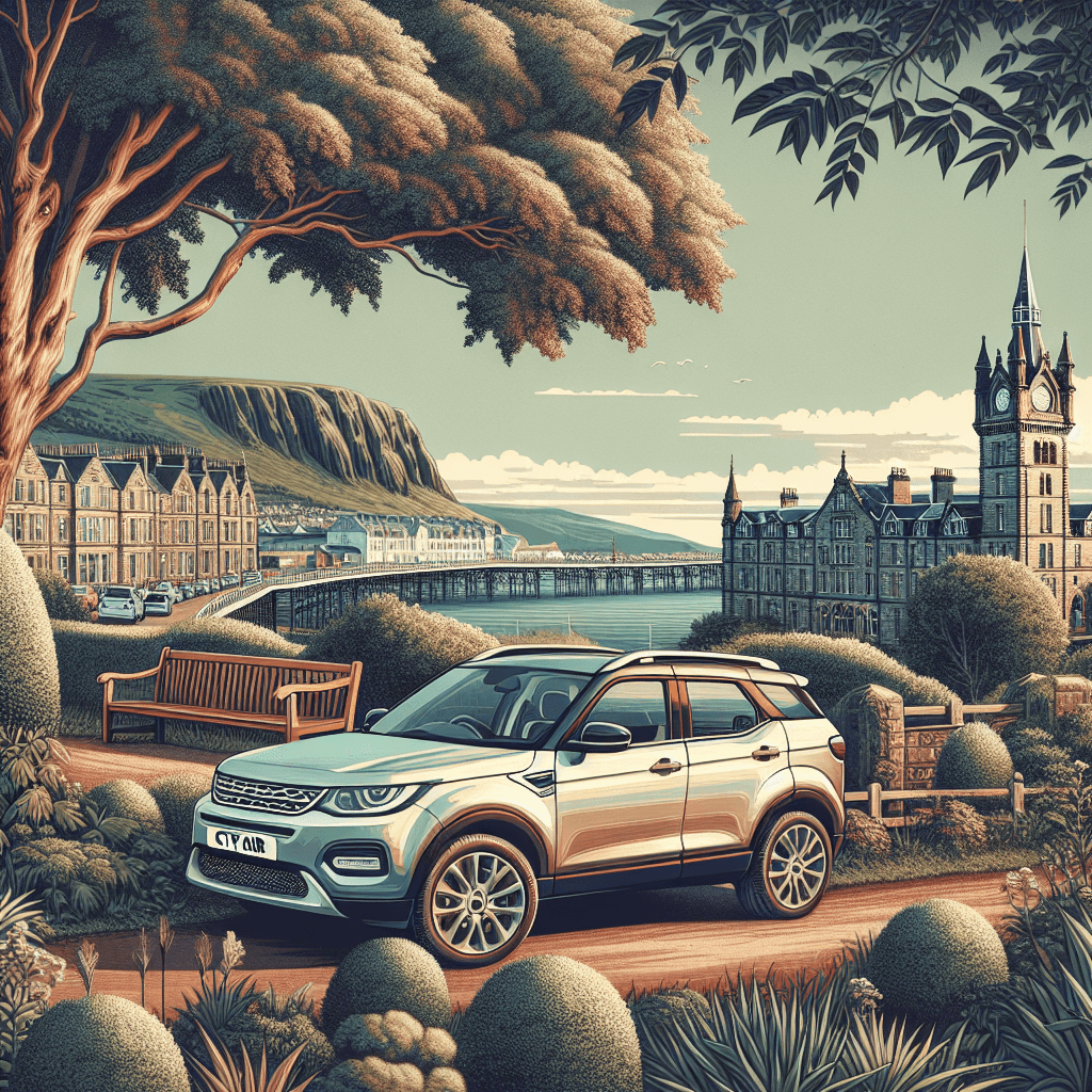 City car amidst Ayr's landscape with pier and sandstone buildings