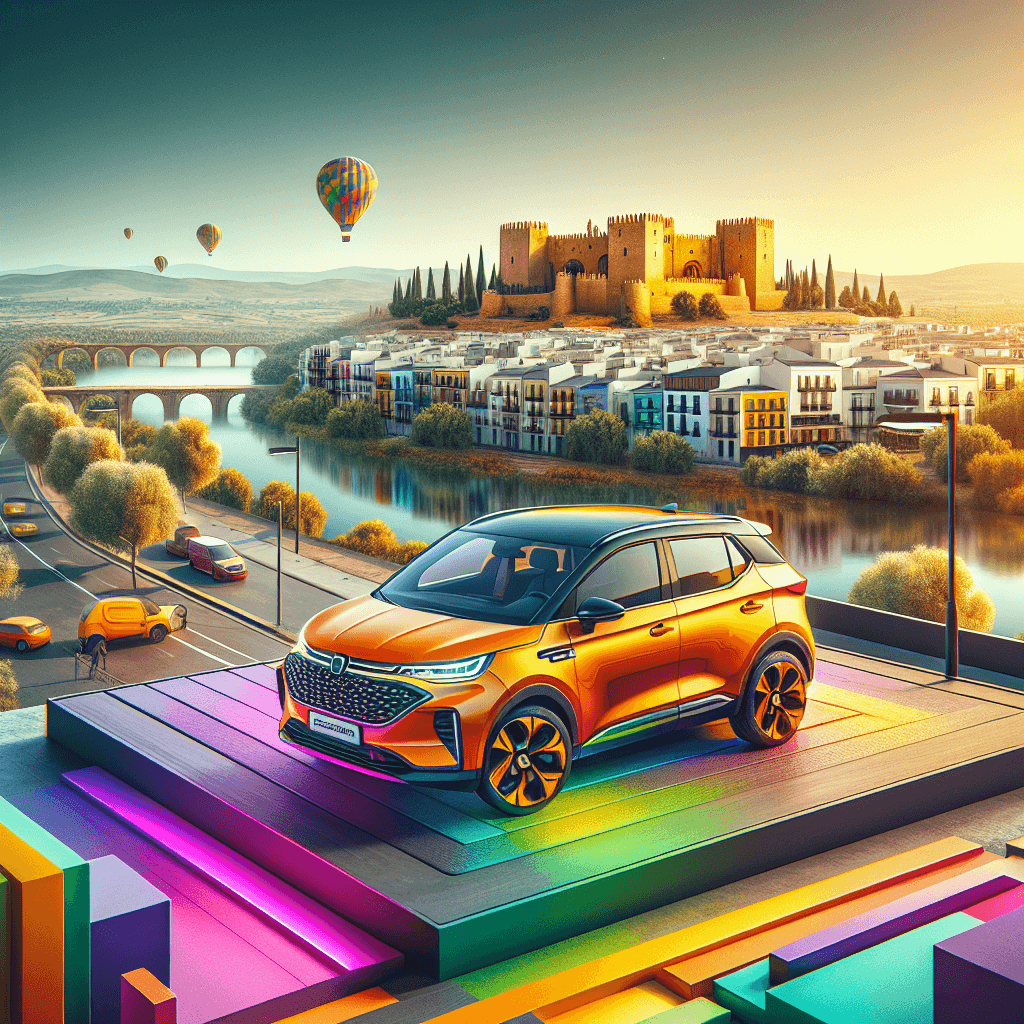 City car on Badajoz landscape with fortress and river