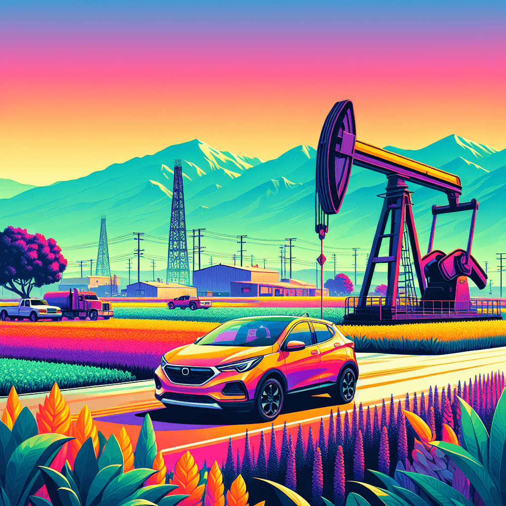 Car near oil rig, agricultural field, Sierra Nevada