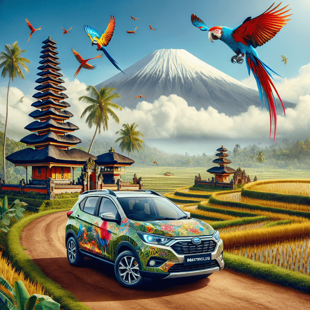 City car in Balinese landscape with temples, prayer flags and parrots
