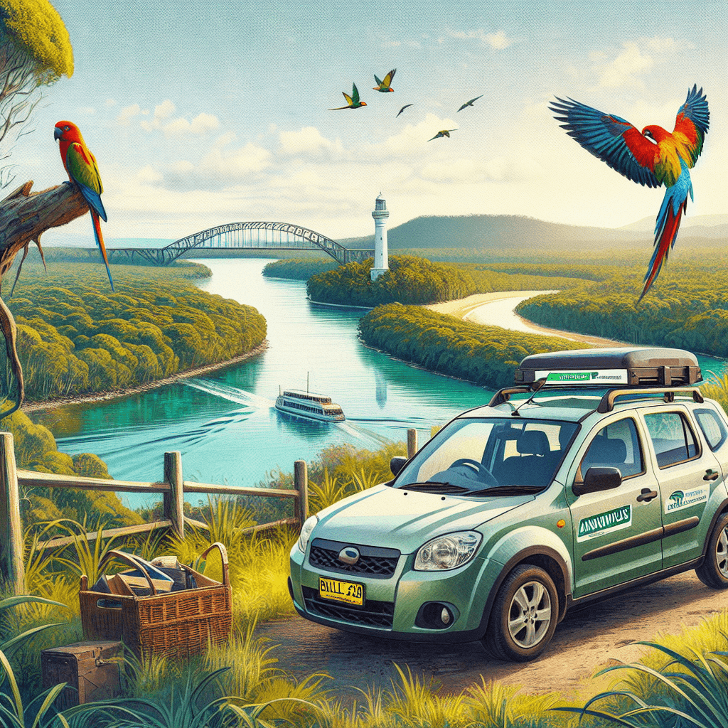 City car in a lush Ballina landscape with river, lighthouse, and parrots