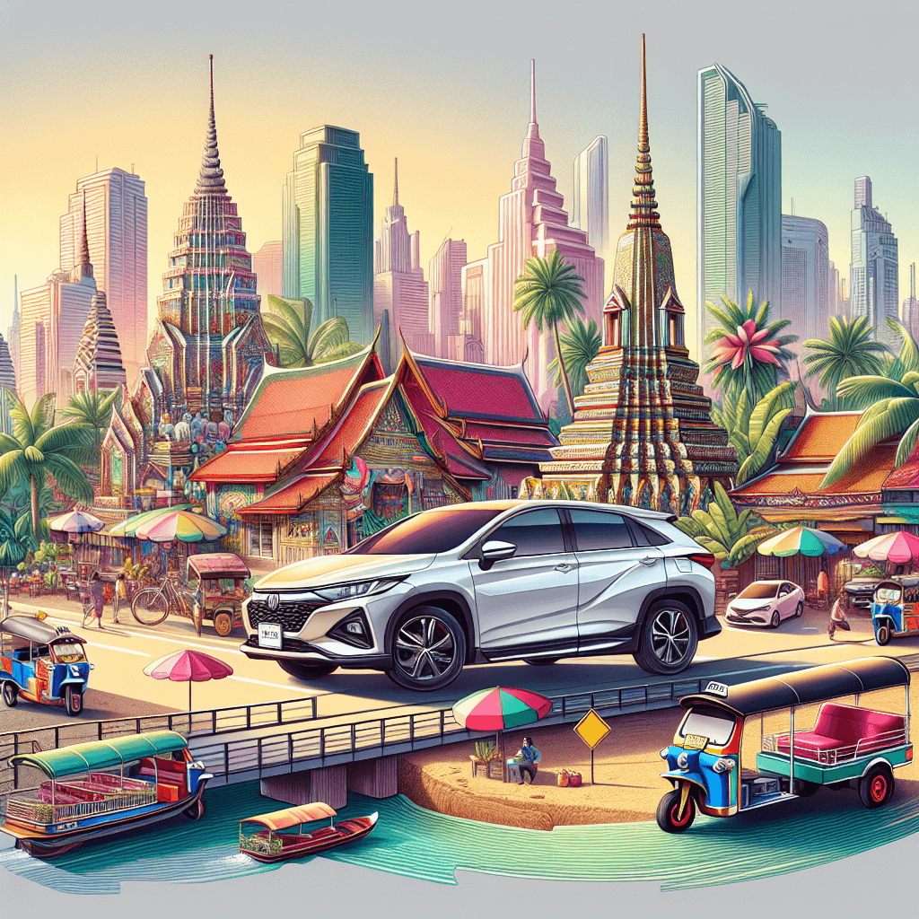 City car, tuk-tuks, street stalls, and temple in Bangkok.