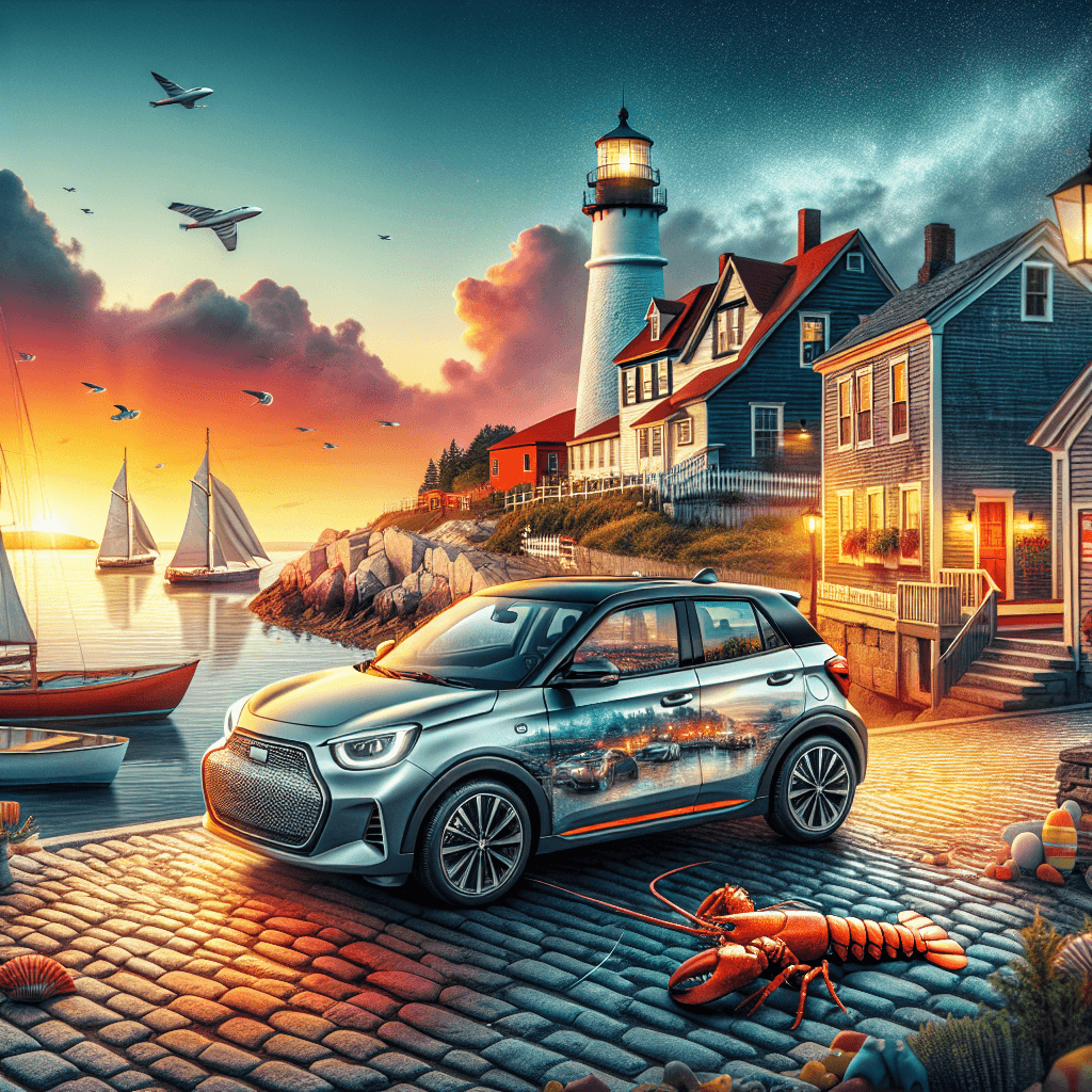 City car on cobbled street, lighthouse and lobster