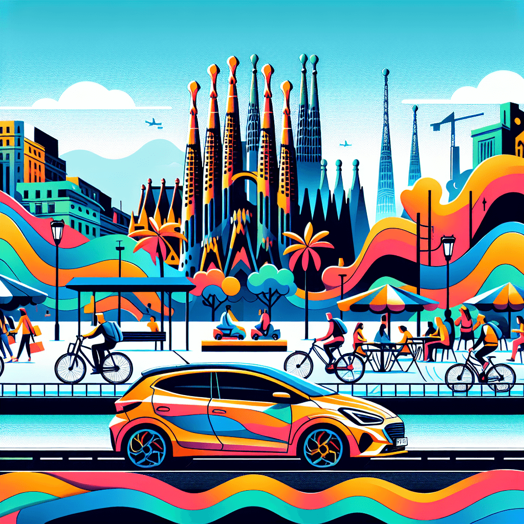 Carro urbano en una vistosa Barcelona, rodeado de elementos urbanos