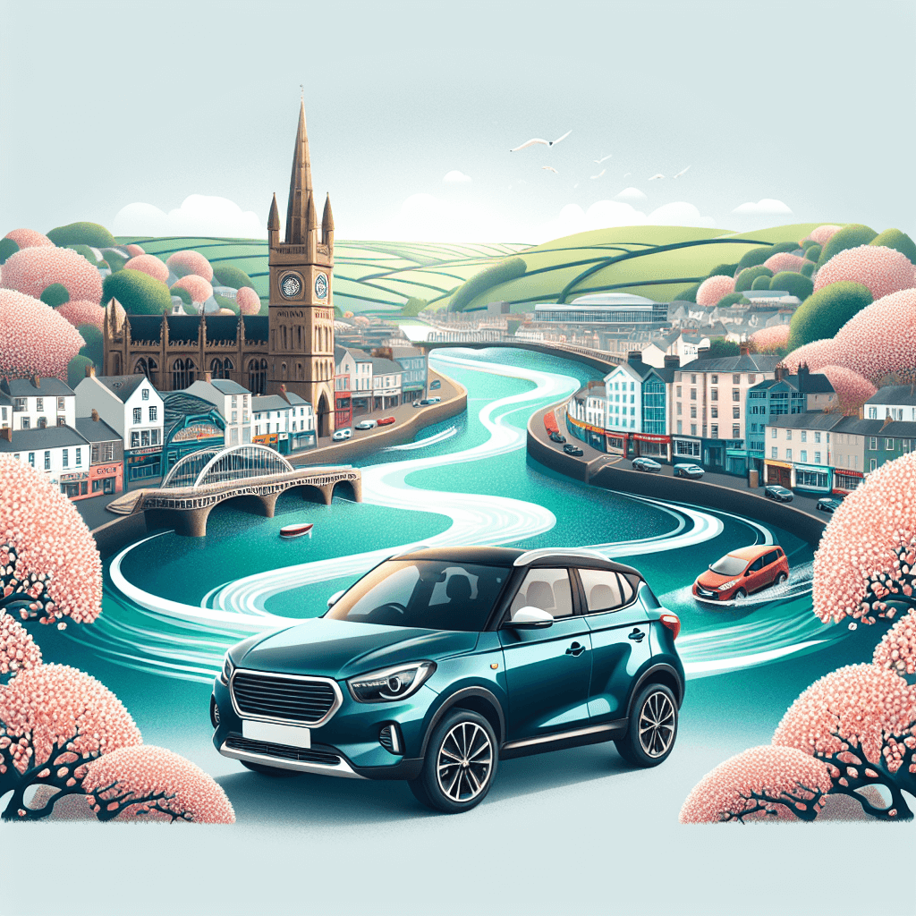 City car in Barnstaple with Pannier market, clock tower, river Taw and apple blossoms