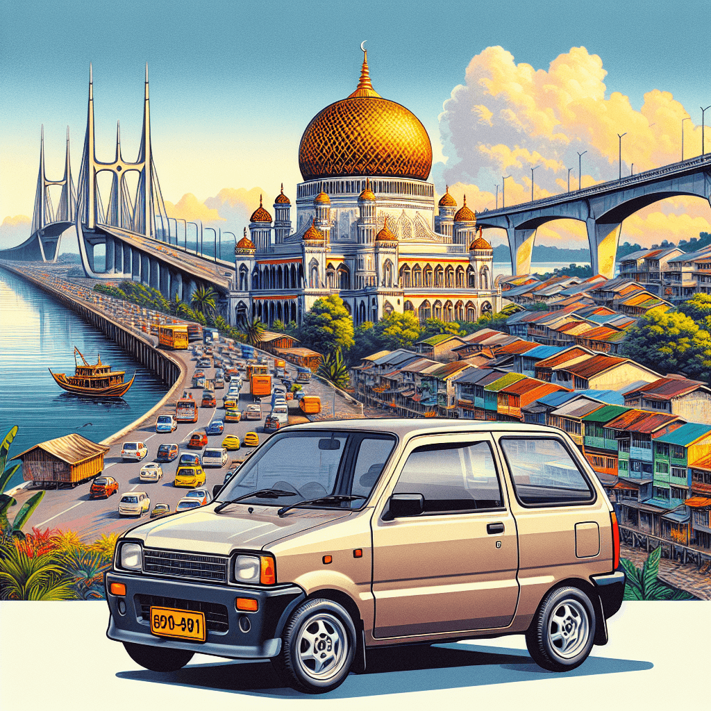 City car in Batam with mosque, bridge, and cityscape