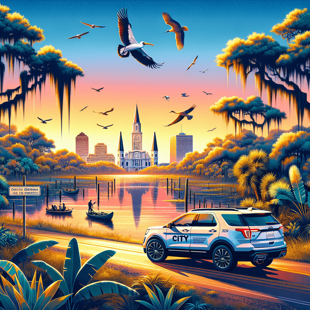 City car among Baton Rouge scenery, with swamp trees, flying pelicans, and capital building in sunset