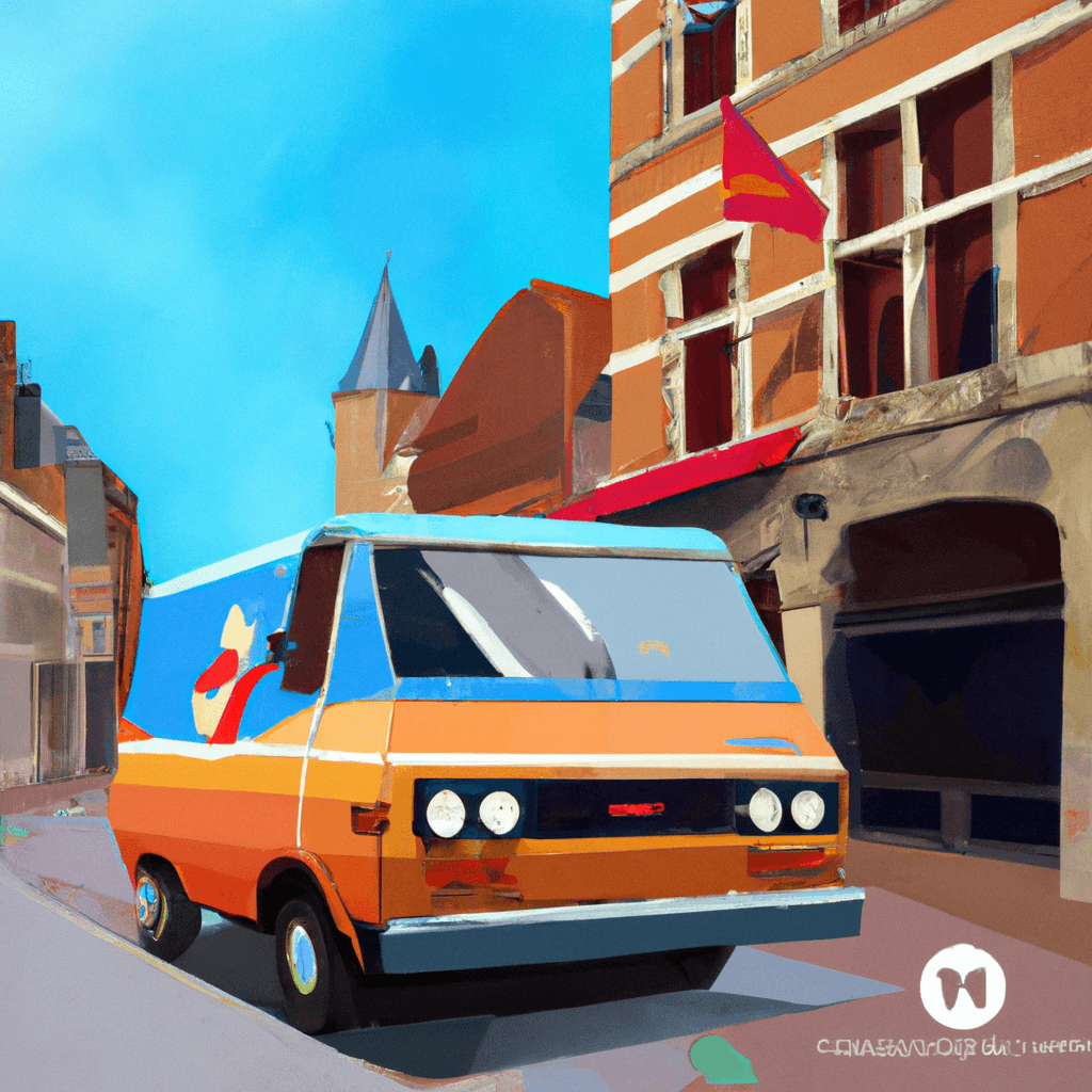 City car in Belgian landscape with monuments, pub, cyclists, and waffle vendor.