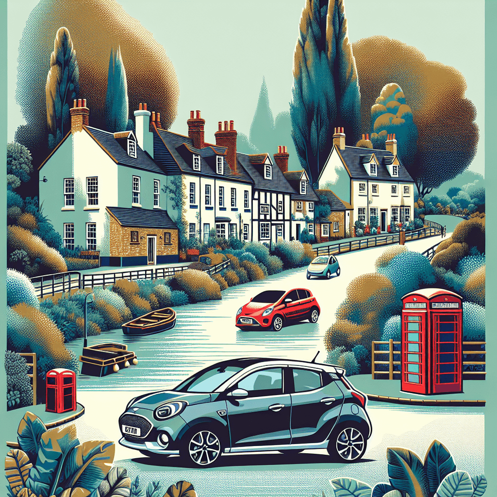 City car amidst Bexley cottages, leafy trees, River Cray, phone boxes