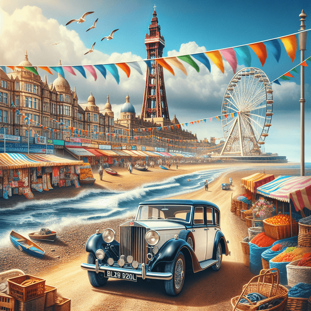 Town car amidst Blackpool scenery with bunting and Ferris wheel