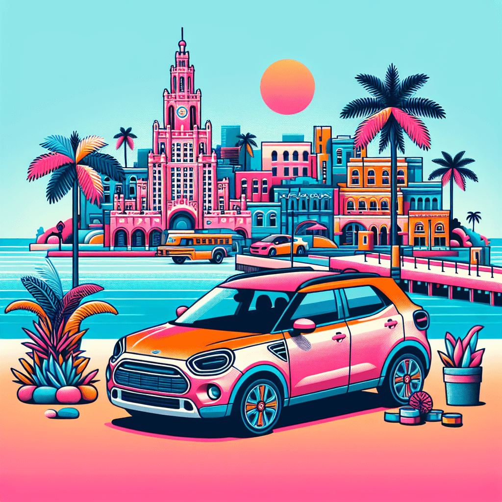 City car amid Boca Raton Resort, palm trees, sunset