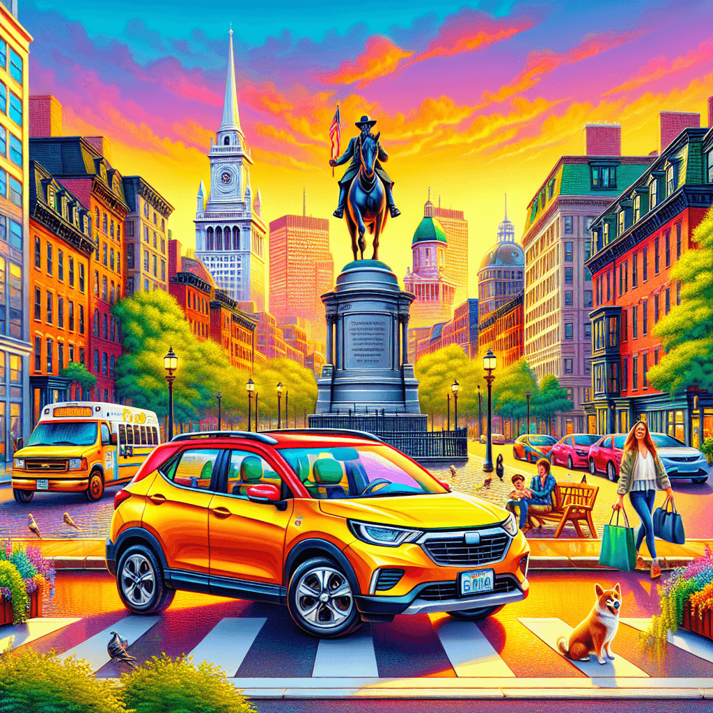 City car by Boston landmark under a colorful sunset