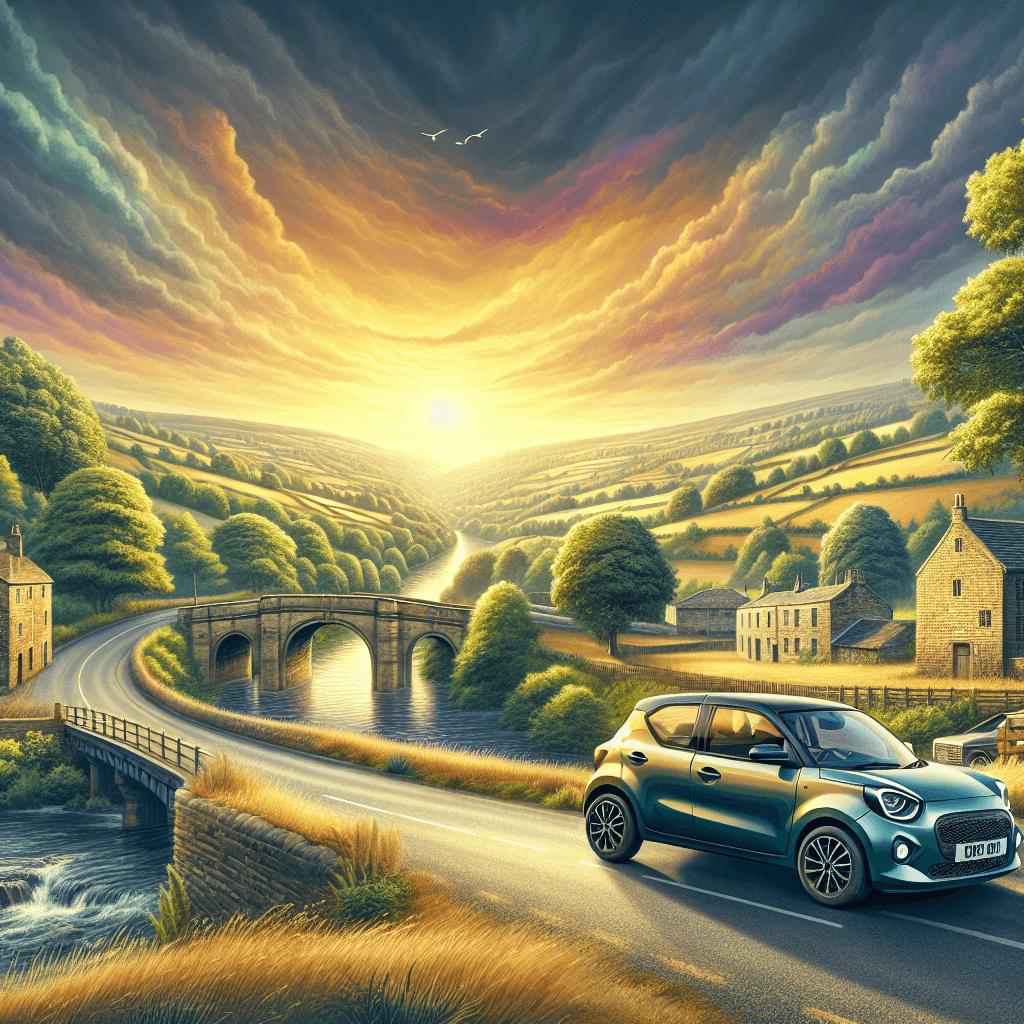 City car on scenic Bradford road during a golden sunset