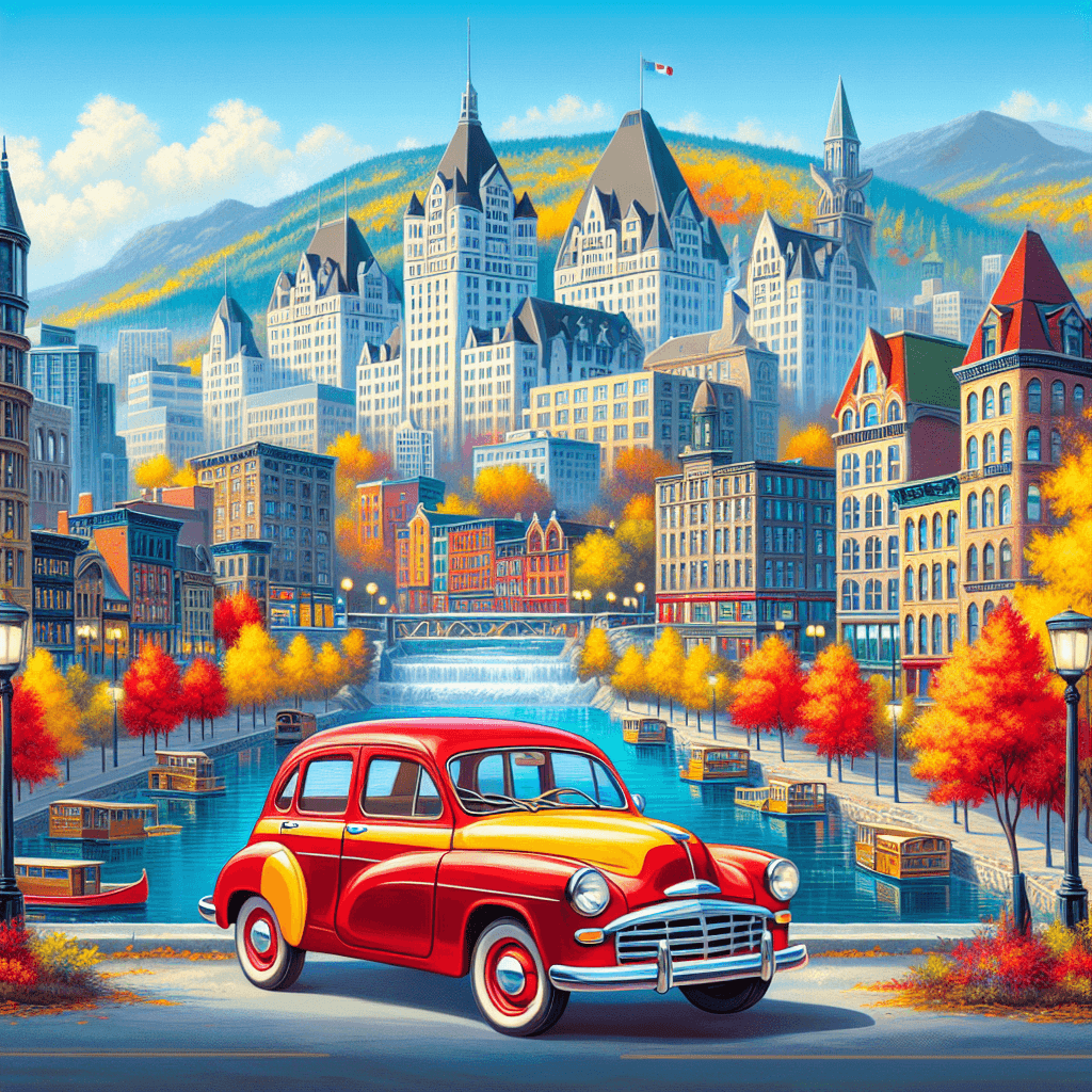 Bright car with autumn trees, Grand River, Victorian architecture