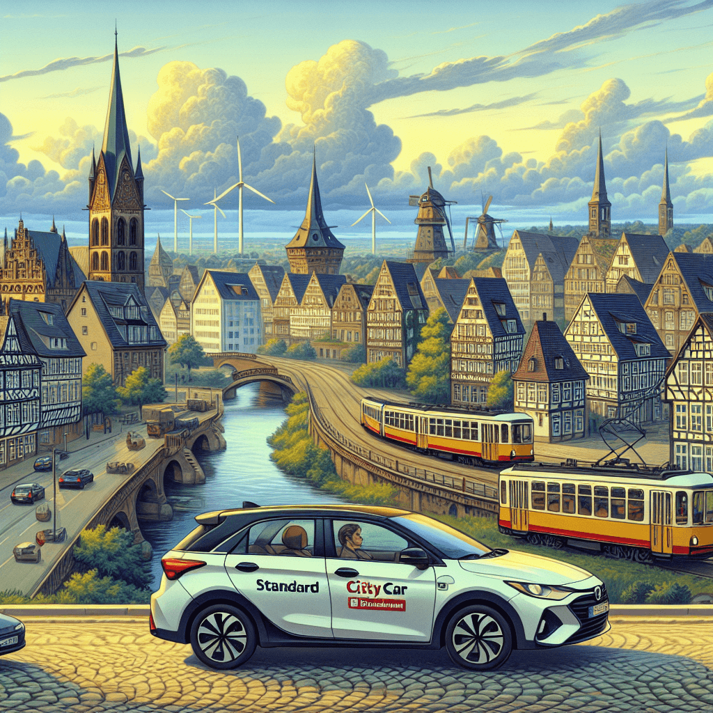 City car poised near iconic Bremen windmills and river