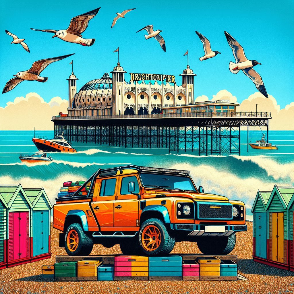 City car near Brighton Pier with seagulls and beach huts