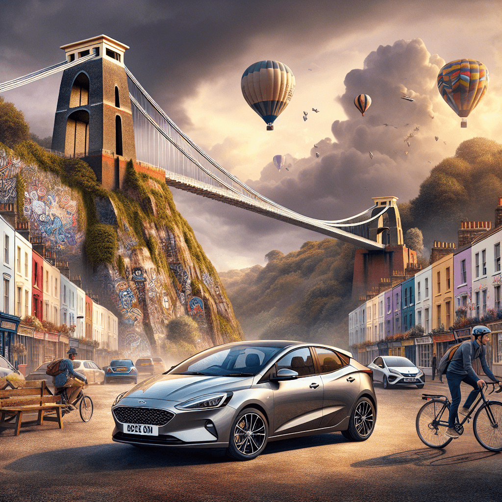 City car in Bristol, with cyclists, hot air balloons, bridge