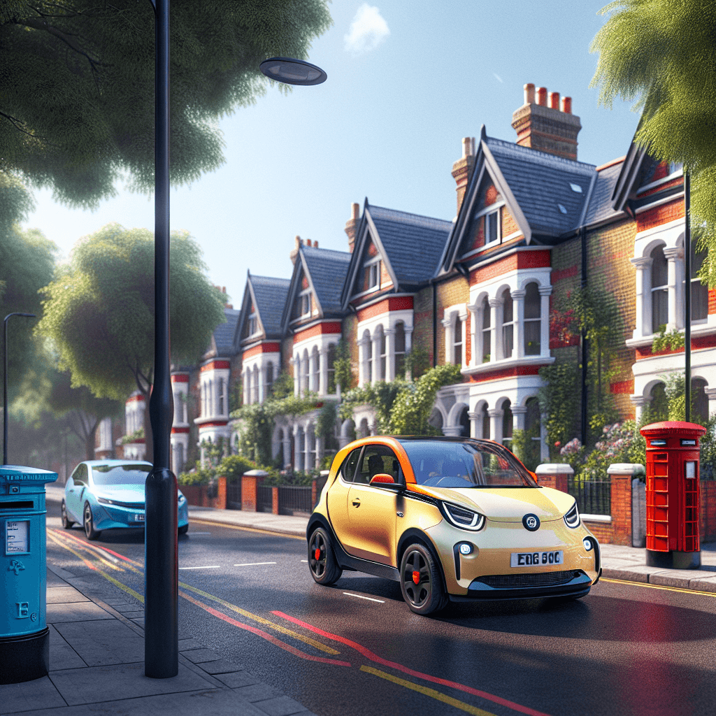 City car parked before Brockley townhouses and call box, under sunlit tree canopy.