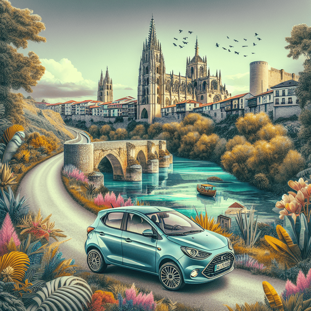 City car in colorful Burgos landscape with cathedral, castle, and river