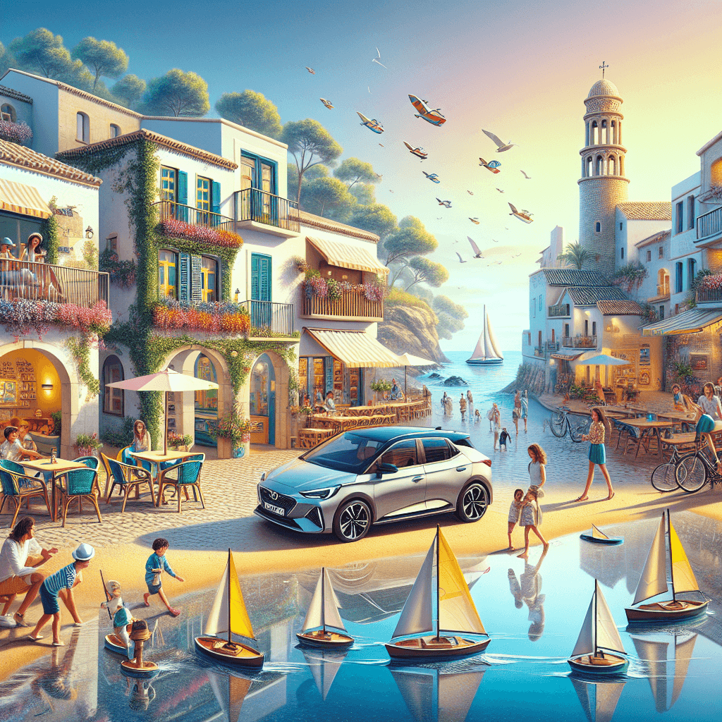 City car in Can Picafort with children, sailboats, lighthouse, beaches and renewable energy sources