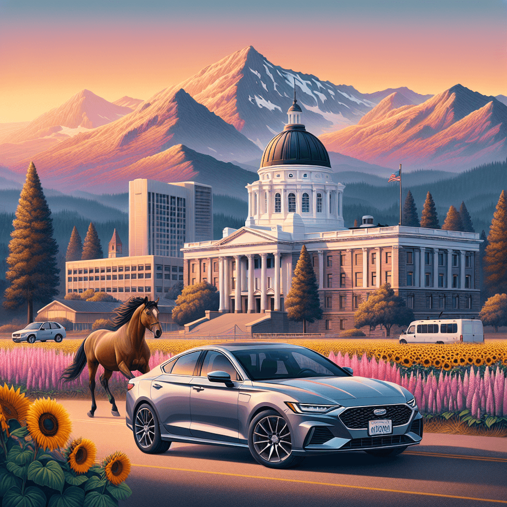 City car among sunflowers, horse, and Nevada Capitol