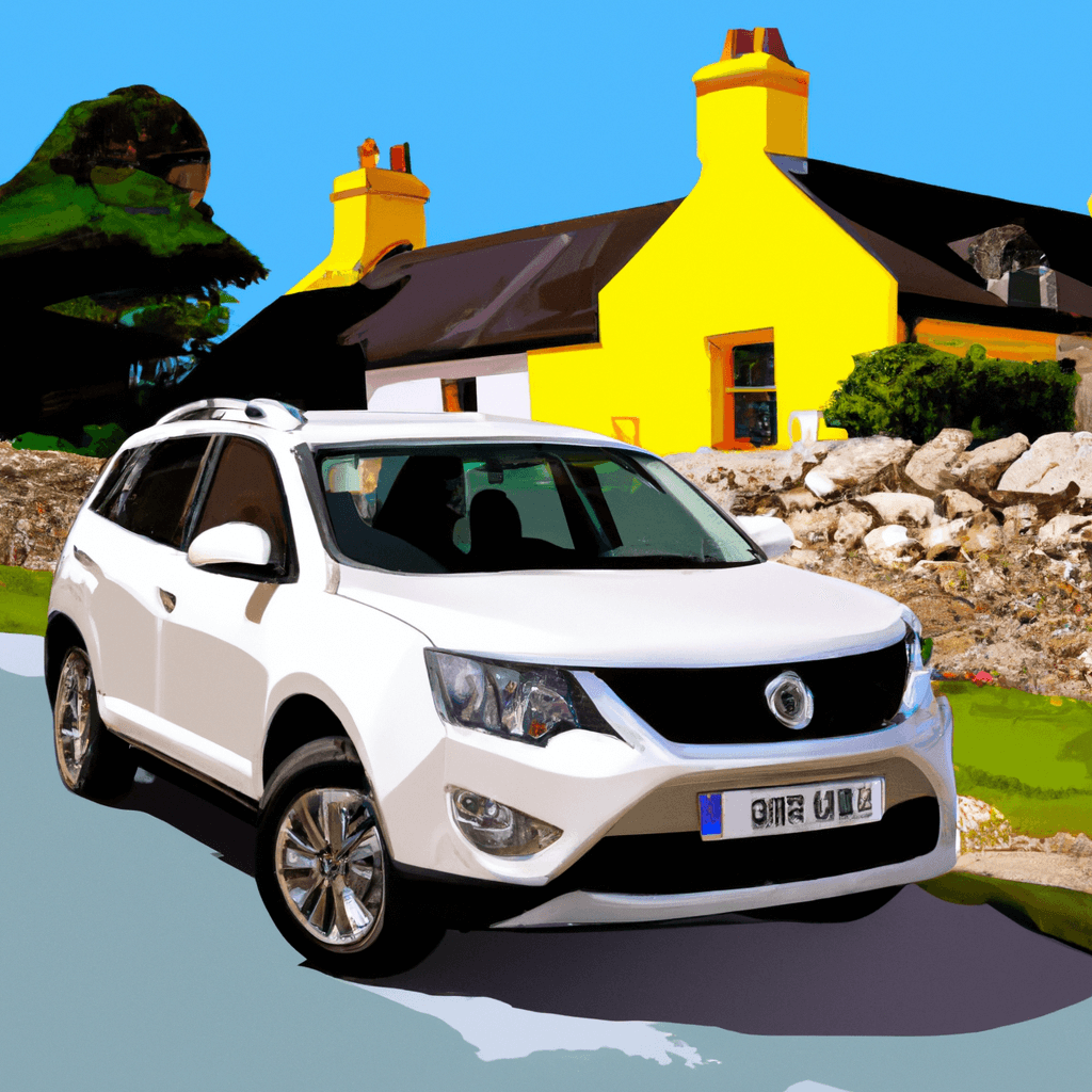 City car amidst rolling hills, village, Pubs and Dogs in Irish countryside.