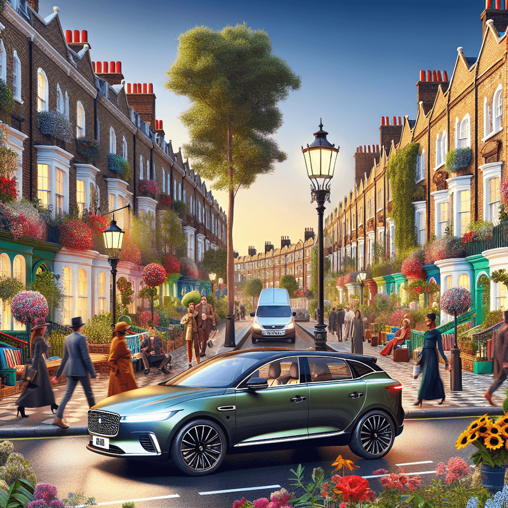 City car in Chelsea with pedestrians, Victorian streetlights, flowers.