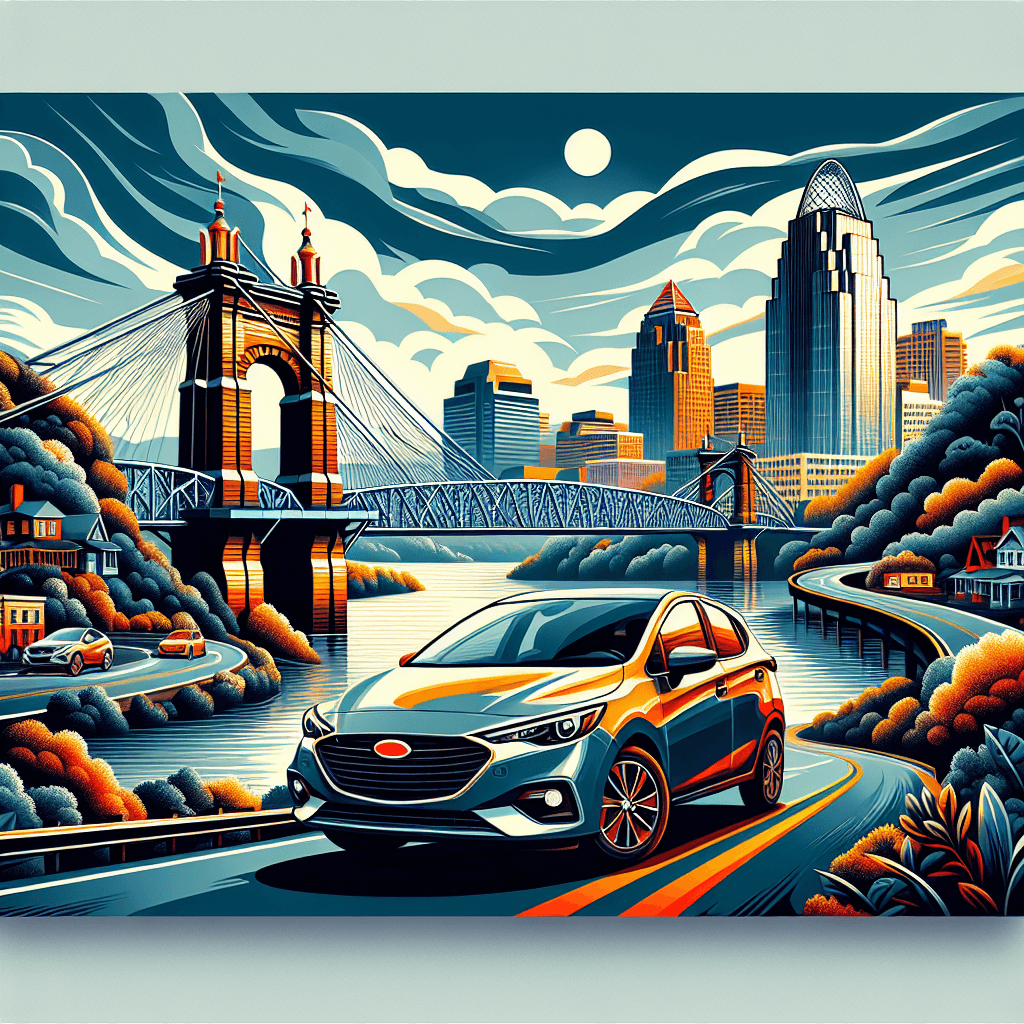 City car with Roebling Bridge, Carew Tower, hills, Ohio river