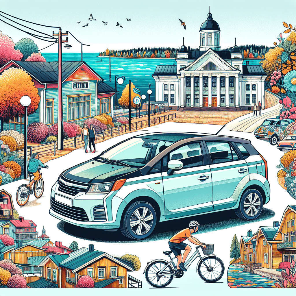 City car in vibrant Lahti scene with people and landmarks
