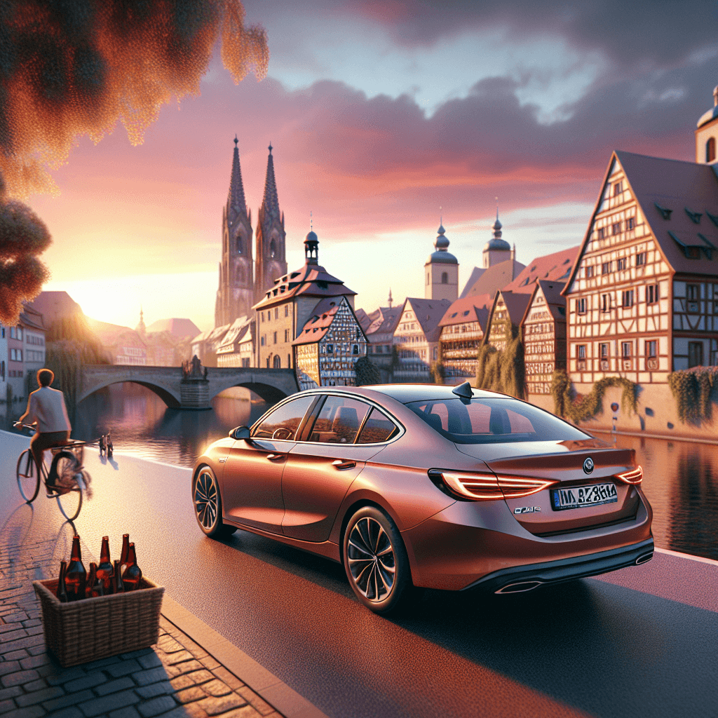 City car by river, Bamberg buildings, cyclists, beer basket