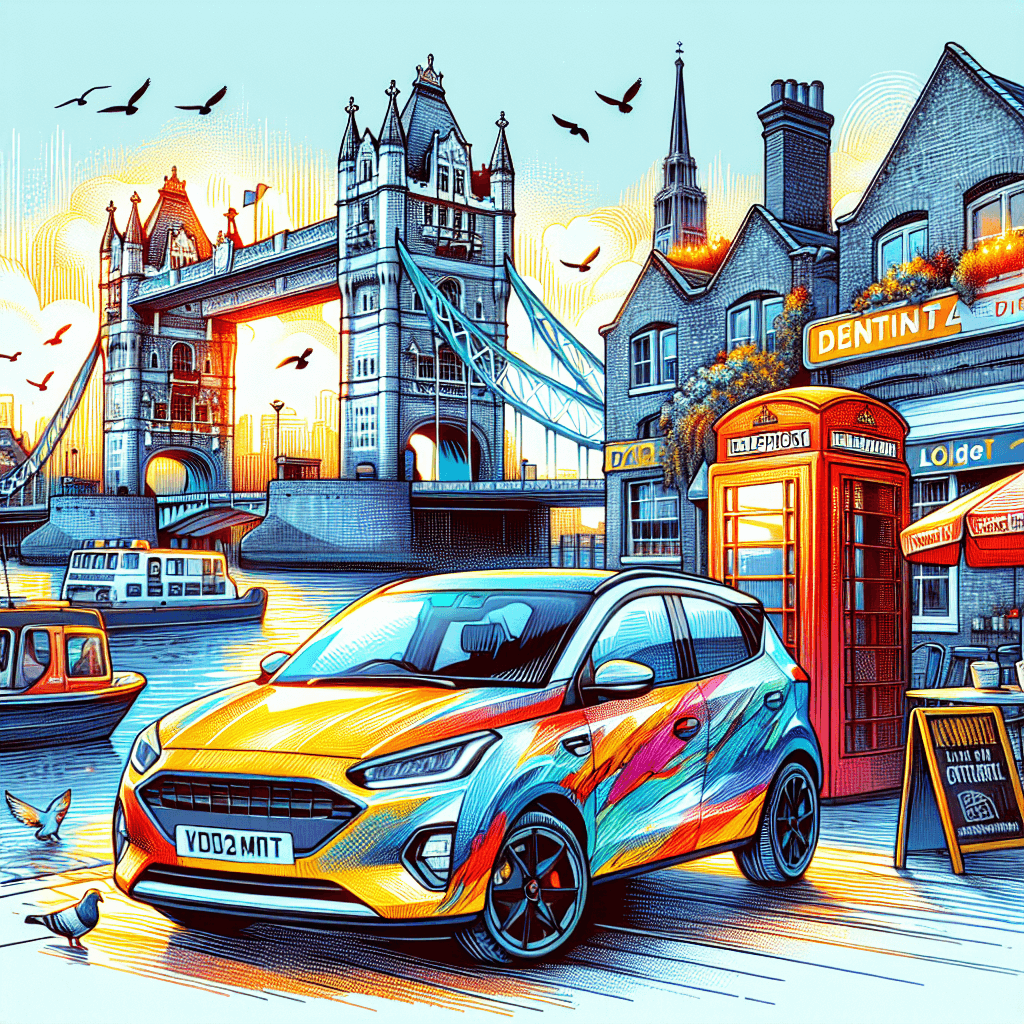 City car at Tower Bridge with pigeons, food truck