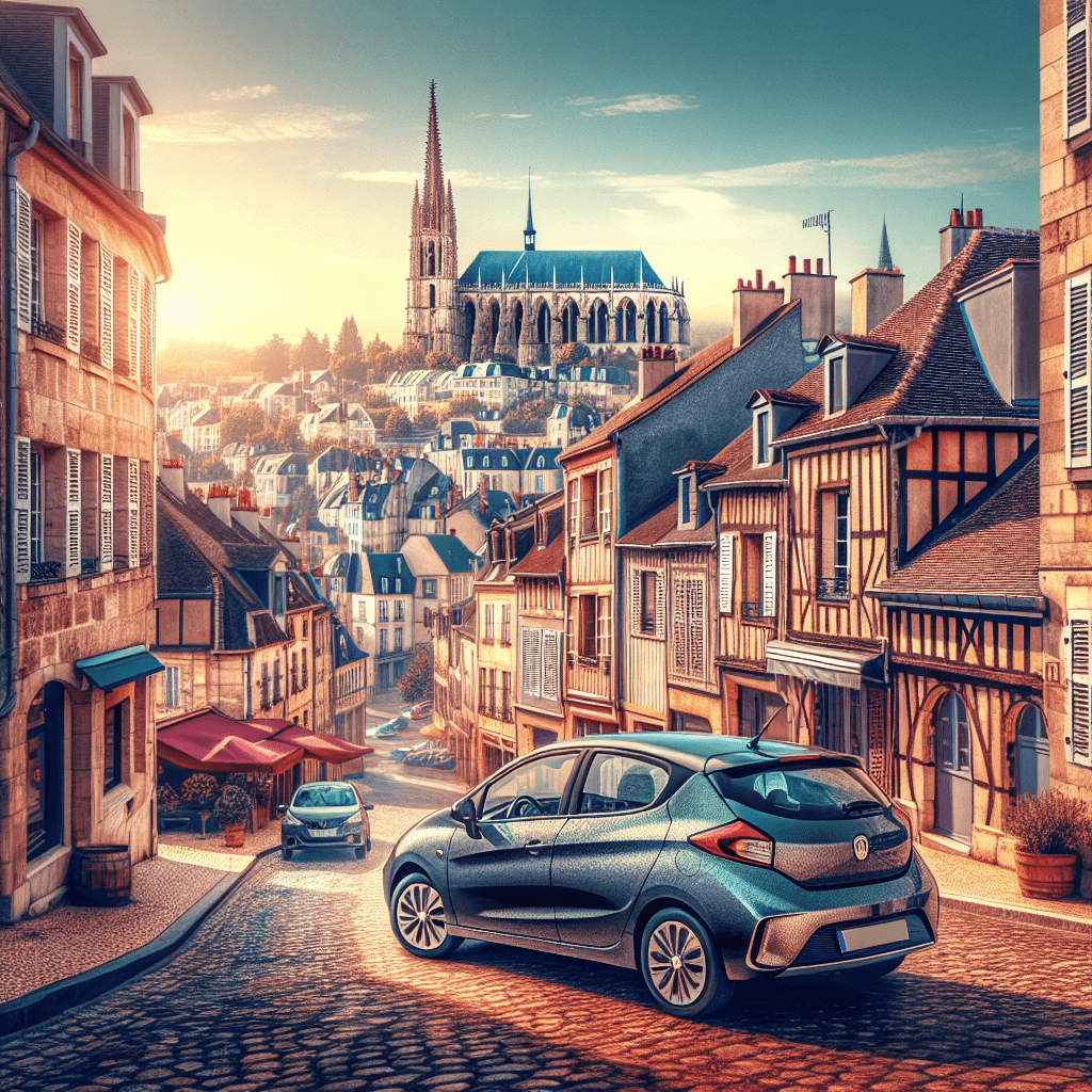 City car amidst Dijon's cobblestone streets, cathedral and vineyards