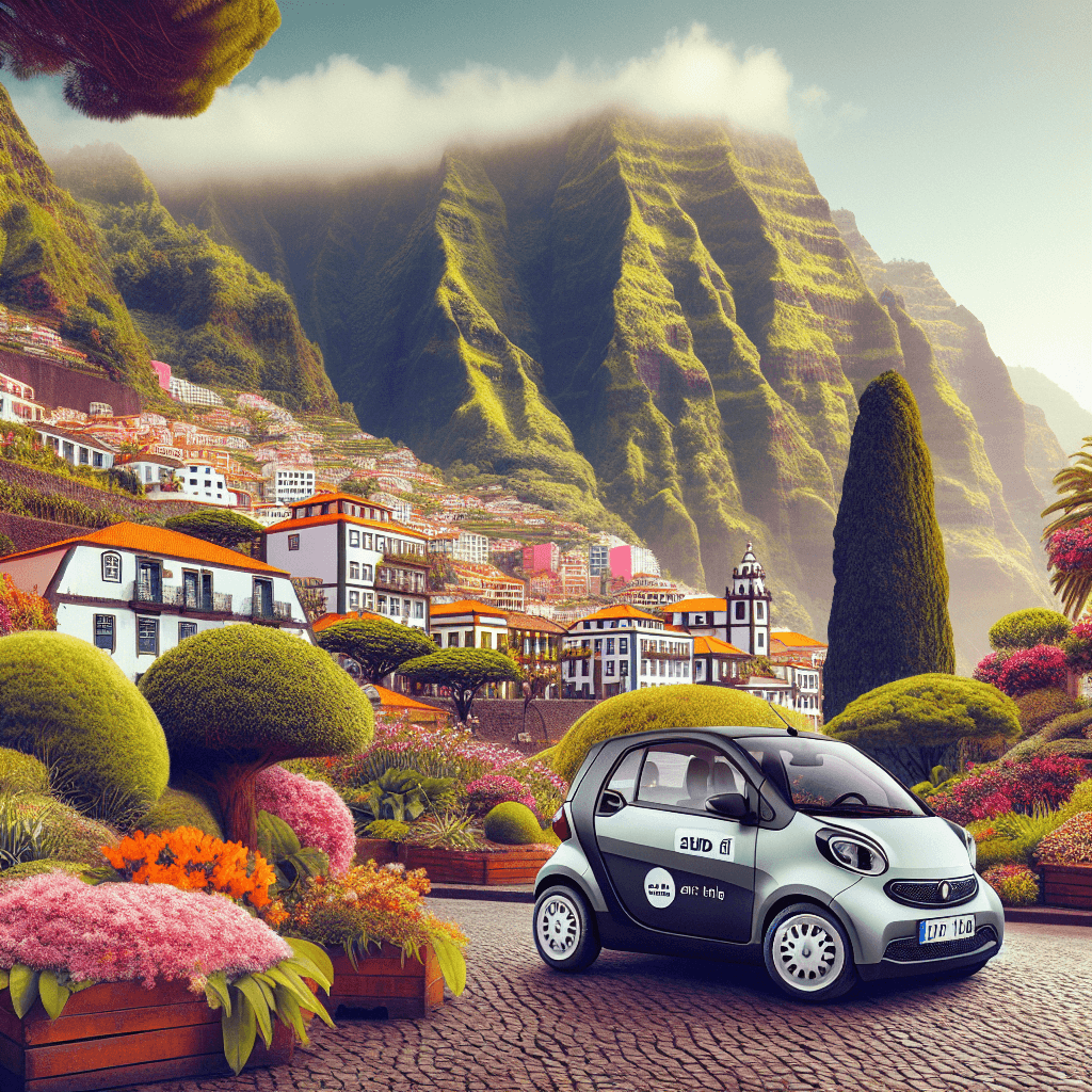 City car amidst Funchal's flowers, cobblestone streets and mountains